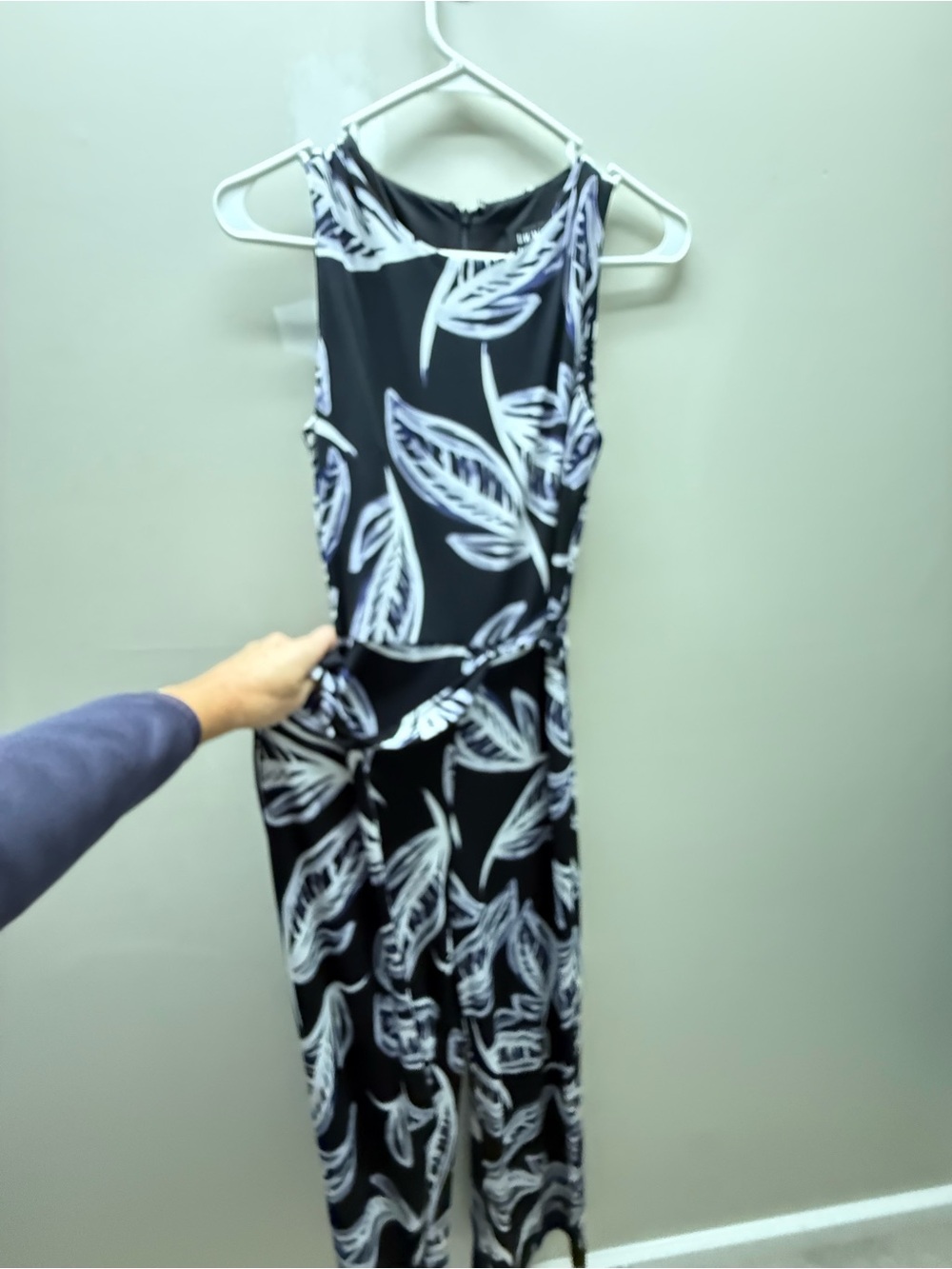 DKNYC dark blue print pantsuit with White Leaf Motif